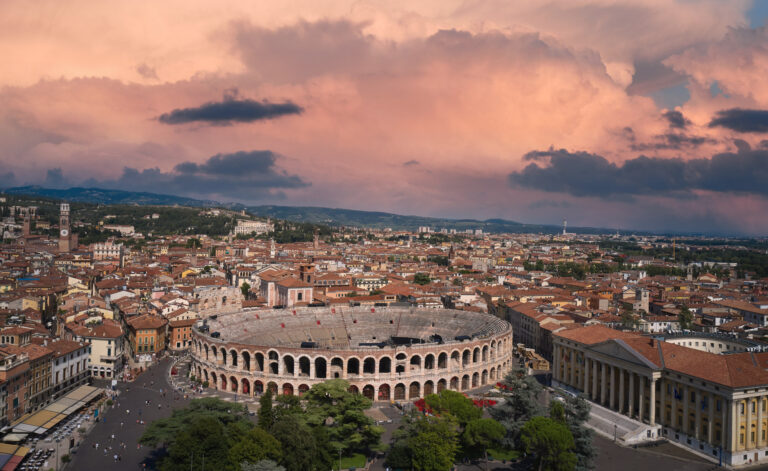 Verona, Italy aerial view of the historic city. Aerial panorama of Piazza Bra in Verona. Monument to Unesco Arena di Verona top view.