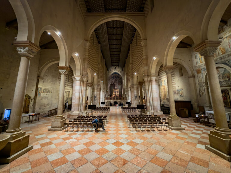 VERONA, ITALY - OCTOBER 28, 2024: Interior of Basilica di San Zeno Maggiore church in Verona, wide-angle