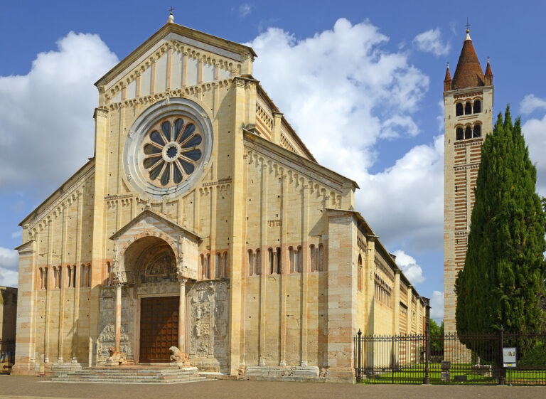 Verona, Veneto Region, Italy. Basilica of San Zeno Maggiore - Romanesque church with large bronze doors. Verona is Unesco World Heritage site
