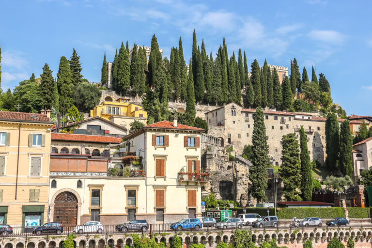 Verona, Italy - Circa September 2018. View of Roman Theater Archaeological Museum (Museo Archeologico al Teatro Romano) and St. Pietro castle (Castel San Pietro) in Verona.