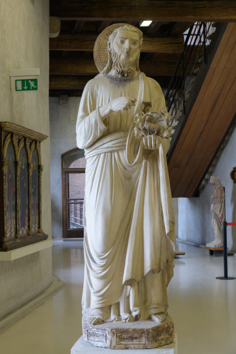 Verona, Italy - April 1, 2025: A marble sculpture of Saint John the Baptist in Museo di Castelvecchio.