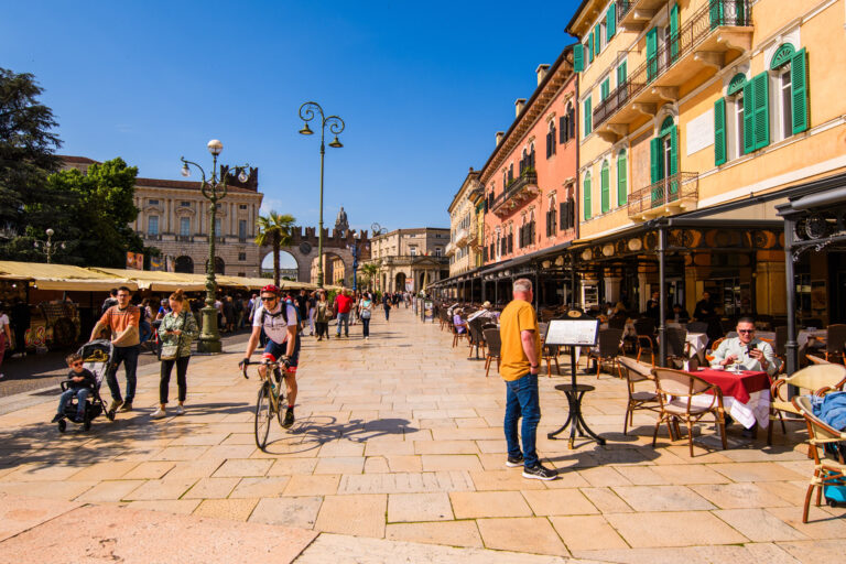 VERONA, ITALY – MAY 10, 2024: Piazza Bra in Verona, where there is the Arena of Verona.