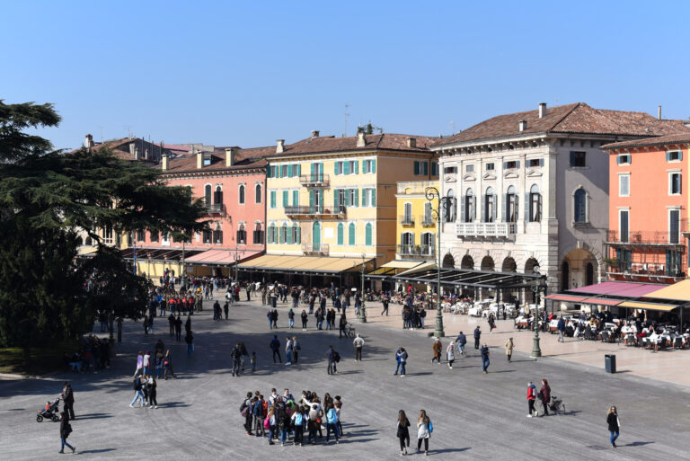 Verona, Italy - March 15, 2019: View of lively Piazza Bra in Verona