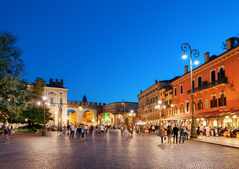 Piazza Bra in Verona (Italy) at evening. Verona is a popular tourist destination of Europe.