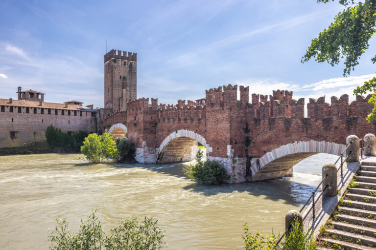 Castelvecchio castle with Ponte di Castelvecchio bridge also know as Scaliger Bridge over Adige River in Verona town, Italy, Europe.