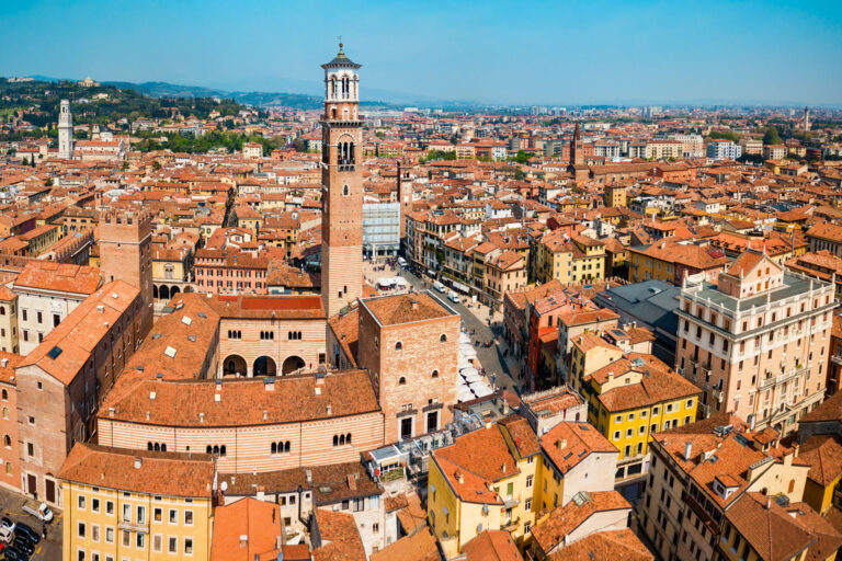 Torre dei Lamberti aerial panoramic view. Torre Lamberti is tower in Piazza delle Erbe square in Verona, Veneto region in Italy.