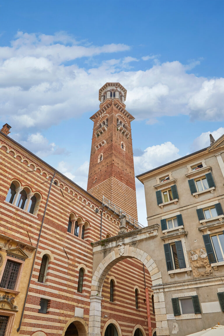 View of the city tower ( Torre dei Lamberti ) in Verona, province of Veneto, Italy.